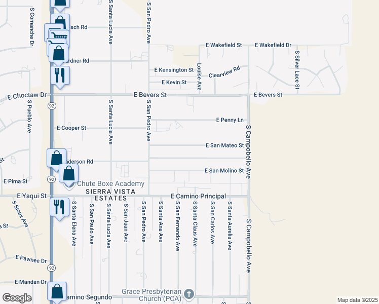 map of restaurants, bars, coffee shops, grocery stores, and more near 4940 East San Mateo Street in Sierra Vista