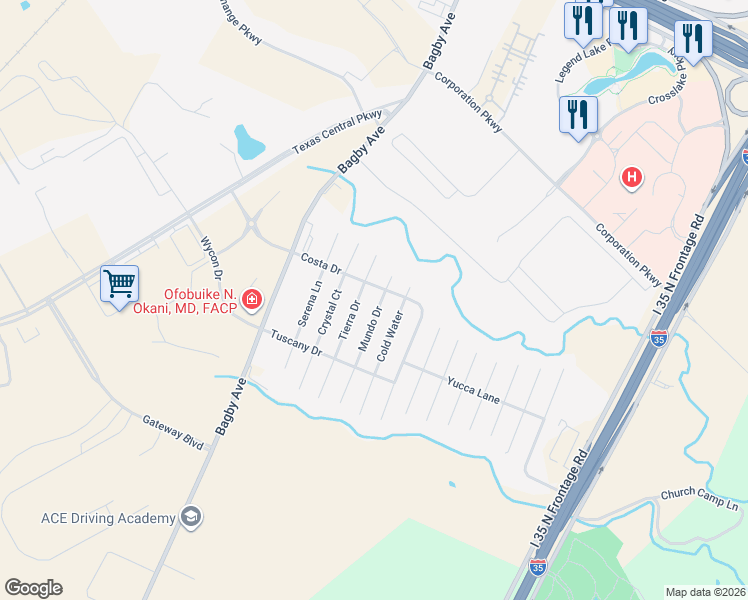 map of restaurants, bars, coffee shops, grocery stores, and more near 6509 Mundo Drive in Waco