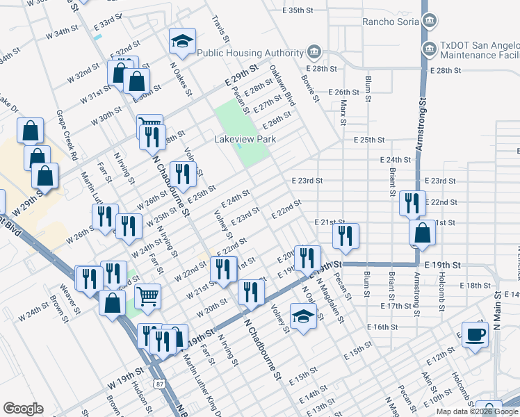 map of restaurants, bars, coffee shops, grocery stores, and more near 201 East 23rd Street in San Angelo