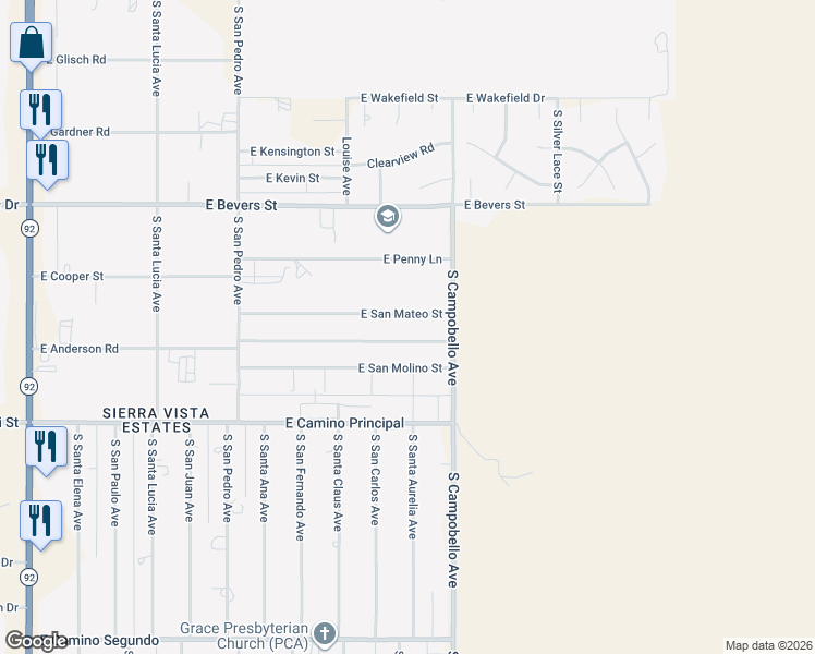 map of restaurants, bars, coffee shops, grocery stores, and more near 5102 East San Mateo Street in Sierra Vista