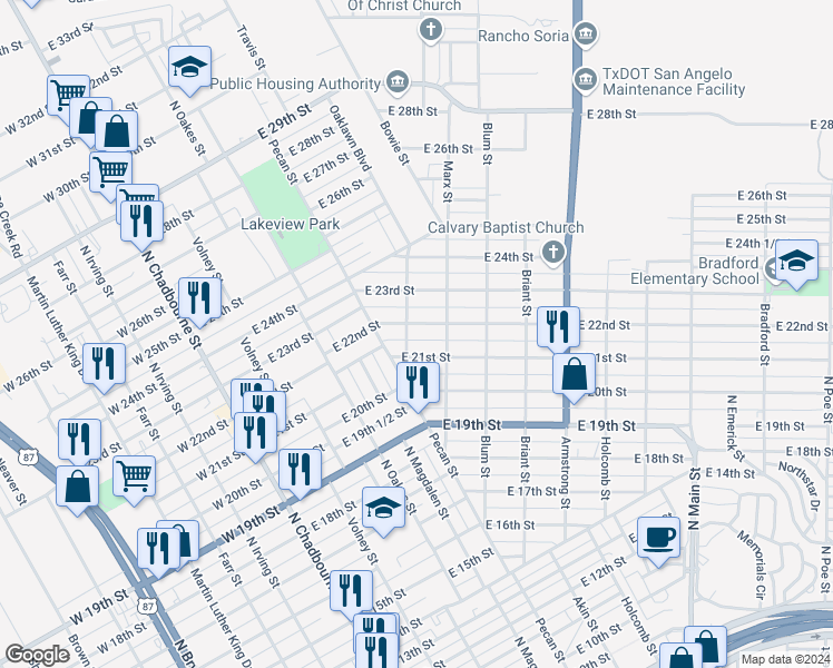 map of restaurants, bars, coffee shops, grocery stores, and more near 405 East 22nd Street in San Angelo