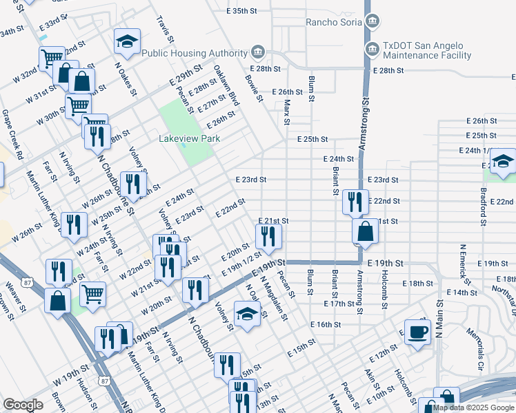 map of restaurants, bars, coffee shops, grocery stores, and more near 405 East 22nd Street in San Angelo