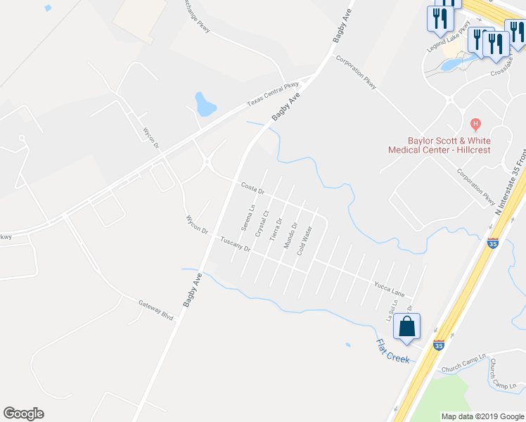 map of restaurants, bars, coffee shops, grocery stores, and more near 6517 Crystal Court in Waco