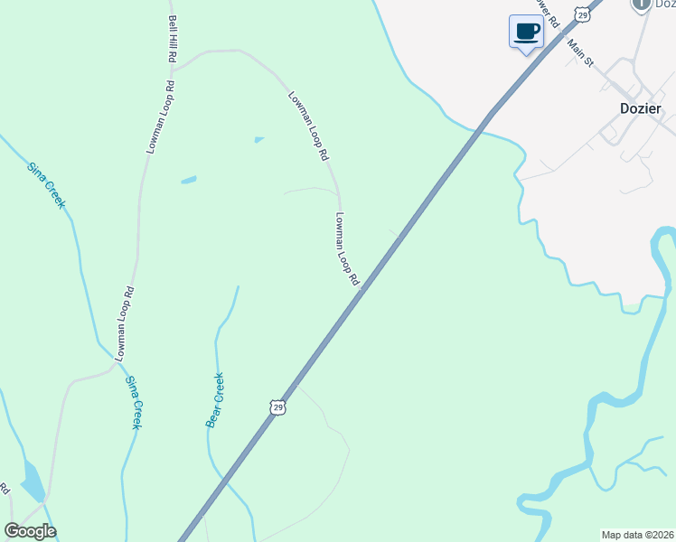 map of restaurants, bars, coffee shops, grocery stores, and more near Lowman Loop Road in Dozier