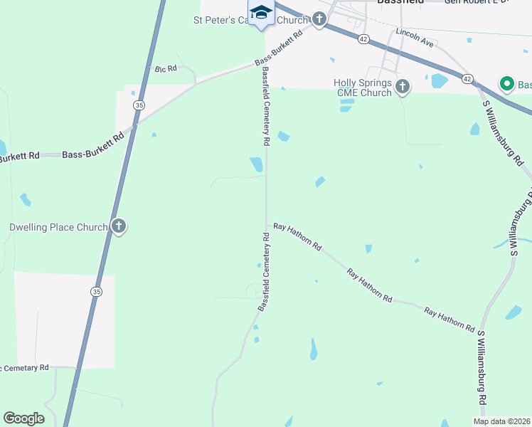 map of restaurants, bars, coffee shops, grocery stores, and more near Bassfield Cemetery Road in Bassfield