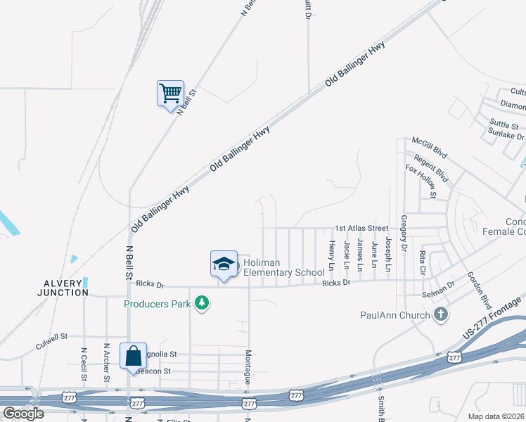 map of restaurants, bars, coffee shops, grocery stores, and more near 1310 Elmo Lane in San Angelo
