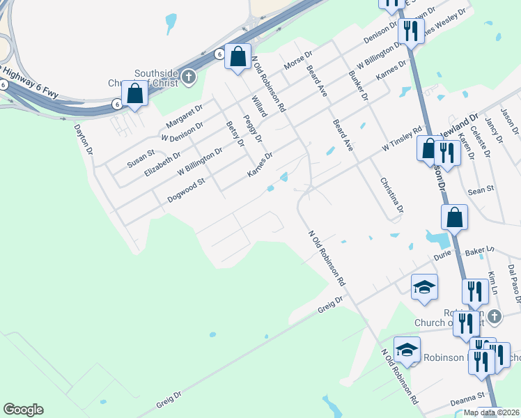 map of restaurants, bars, coffee shops, grocery stores, and more near 542 Hunton Lane in Robinson