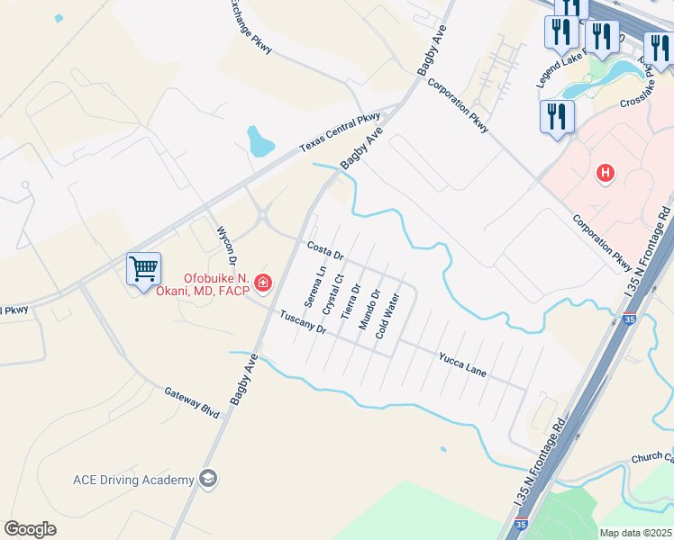map of restaurants, bars, coffee shops, grocery stores, and more near 6516 Crystal Court in Waco