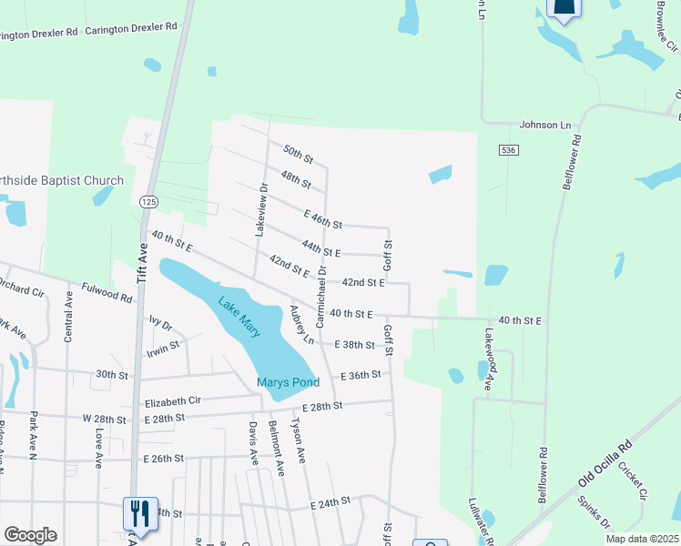map of restaurants, bars, coffee shops, grocery stores, and more near 912 42nd Street East in Tifton