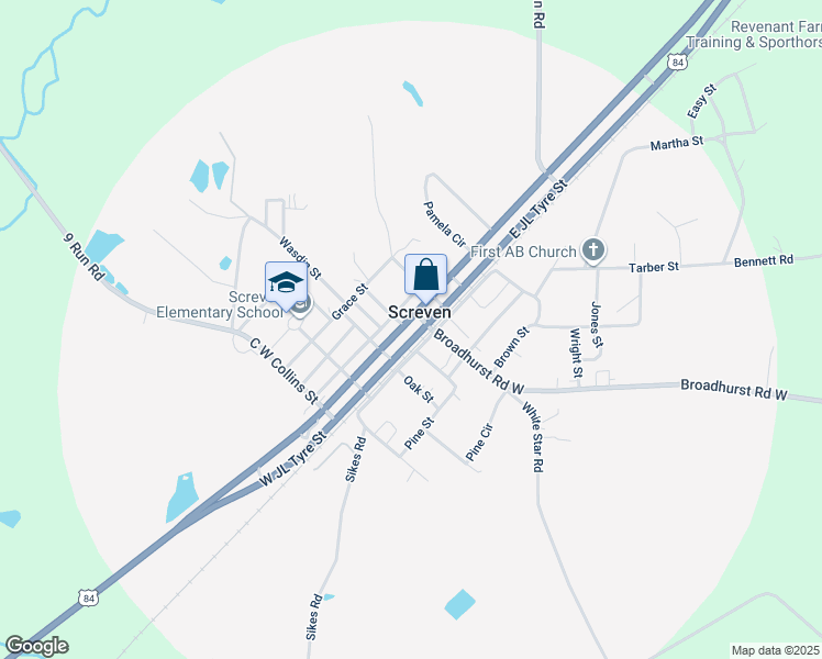 map of restaurants, bars, coffee shops, grocery stores, and more near 102 Broadhurst Road West in Screven