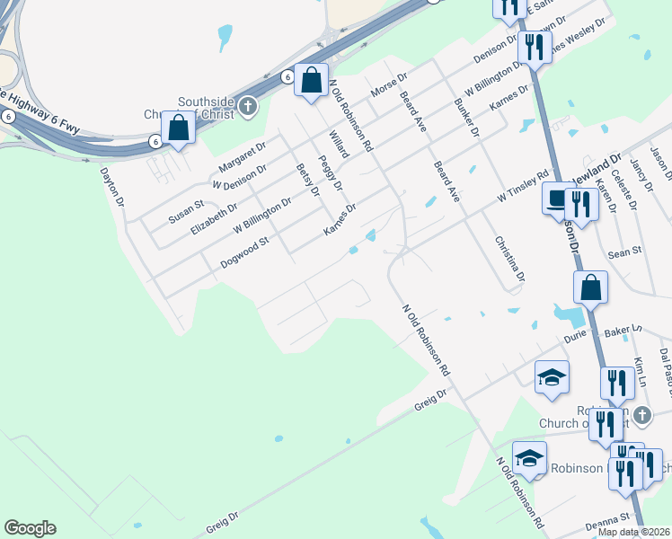 map of restaurants, bars, coffee shops, grocery stores, and more near 542 Hunton Lane in Robinson
