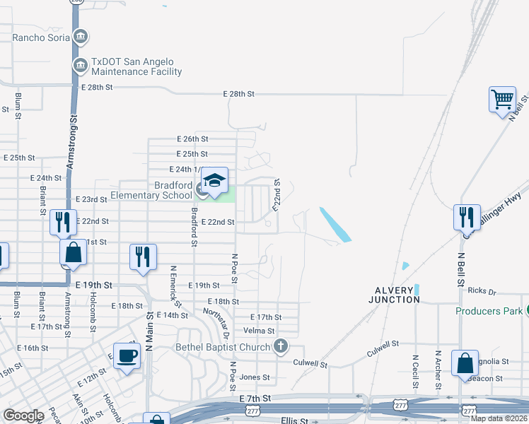 map of restaurants, bars, coffee shops, grocery stores, and more near 2201 Carley Street in San Angelo