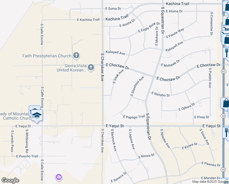 map of restaurants, bars, coffee shops, grocery stores, and more near 4551 South Sauk Avenue in Sierra Vista