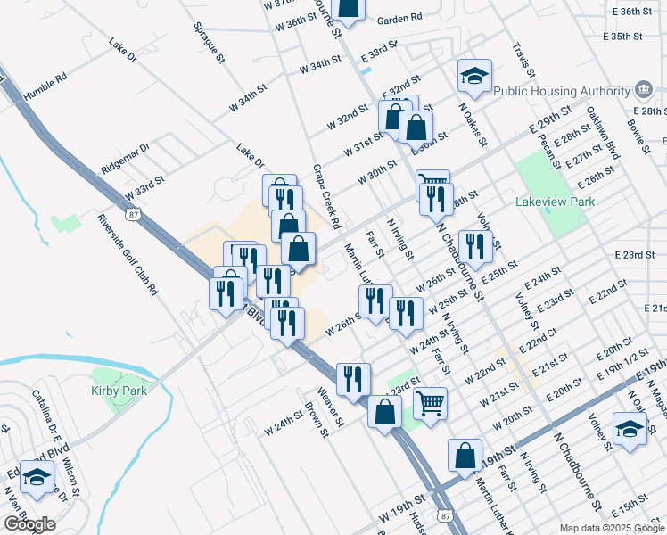 map of restaurants, bars, coffee shops, grocery stores, and more near 2821 Martin Luther King Boulevard in San Angelo