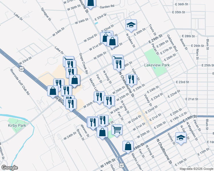 map of restaurants, bars, coffee shops, grocery stores, and more near 2701-2799 North Irving Street in San Angelo