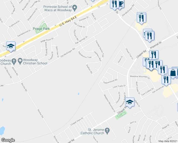 map of restaurants, bars, coffee shops, grocery stores, and more near 317 Stallion Road in Waco