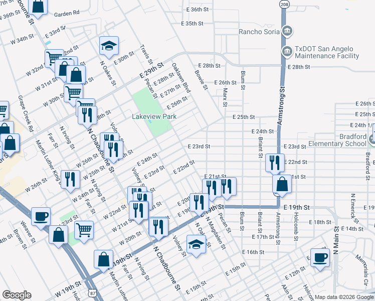 map of restaurants, bars, coffee shops, grocery stores, and more near 300-320 East 23rd Street in San Angelo
