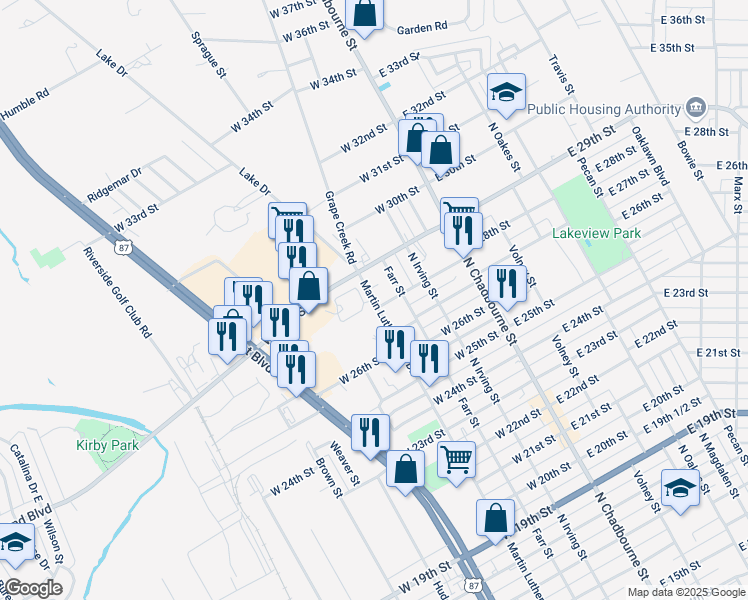 map of restaurants, bars, coffee shops, grocery stores, and more near 2821 Martin Luther King Drive in San Angelo