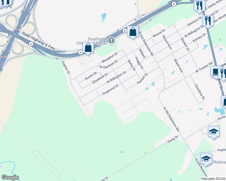 map of restaurants, bars, coffee shops, grocery stores, and more near 808 Dogwood Street in Robinson