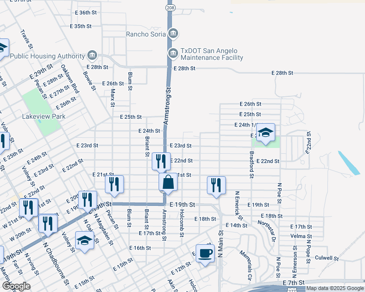 map of restaurants, bars, coffee shops, grocery stores, and more near 2300 Holcomb Street in San Angelo