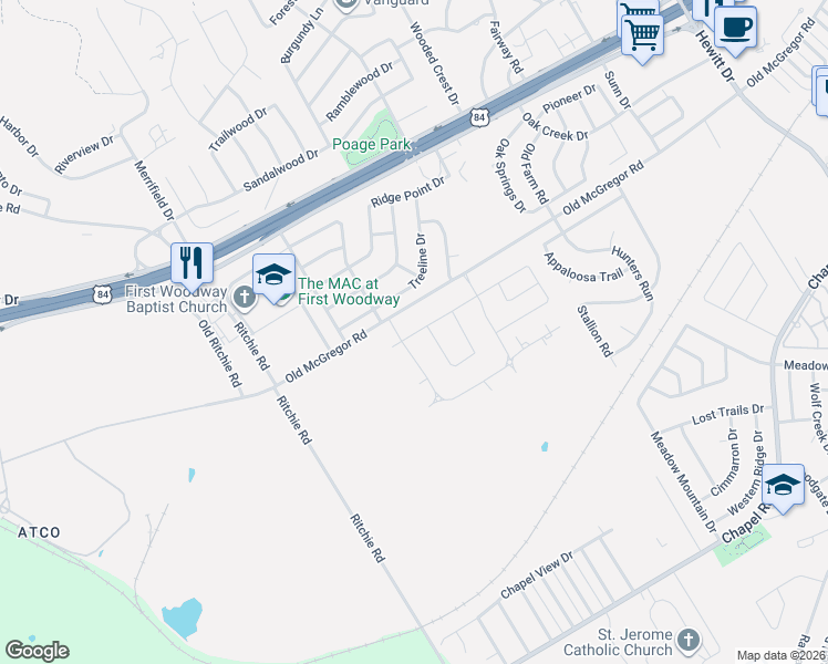 map of restaurants, bars, coffee shops, grocery stores, and more near 10016 Treeline Drive in Waco