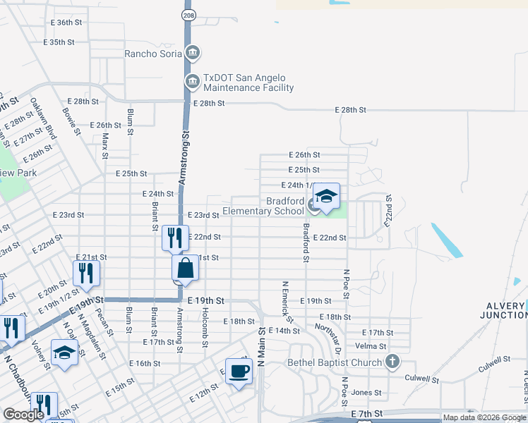 map of restaurants, bars, coffee shops, grocery stores, and more near 1034 East 23rd Street in San Angelo