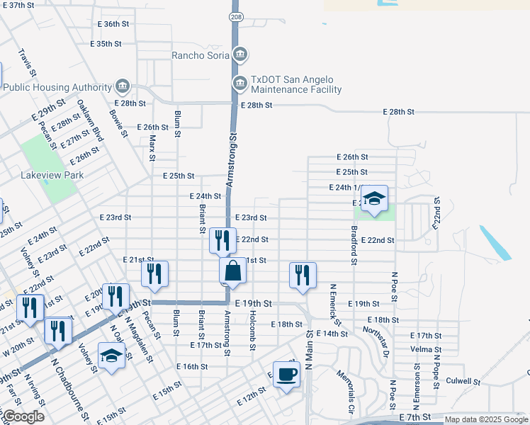 map of restaurants, bars, coffee shops, grocery stores, and more near 2300-2498 Holcomb Street in San Angelo
