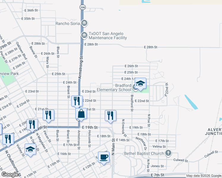 map of restaurants, bars, coffee shops, grocery stores, and more near 1034 East 23rd Street in San Angelo