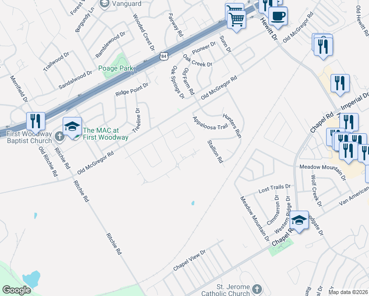 map of restaurants, bars, coffee shops, grocery stores, and more near 233 Painted Horse Trail in Woodway