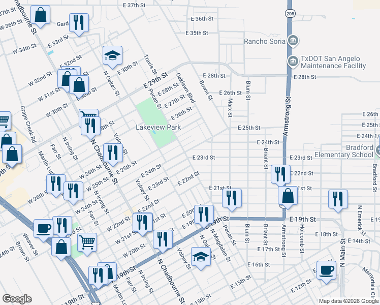 map of restaurants, bars, coffee shops, grocery stores, and more near 300-320 East 23rd Street in San Angelo