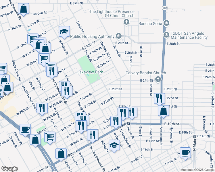 map of restaurants, bars, coffee shops, grocery stores, and more near 300 East 23rd Street in San Angelo