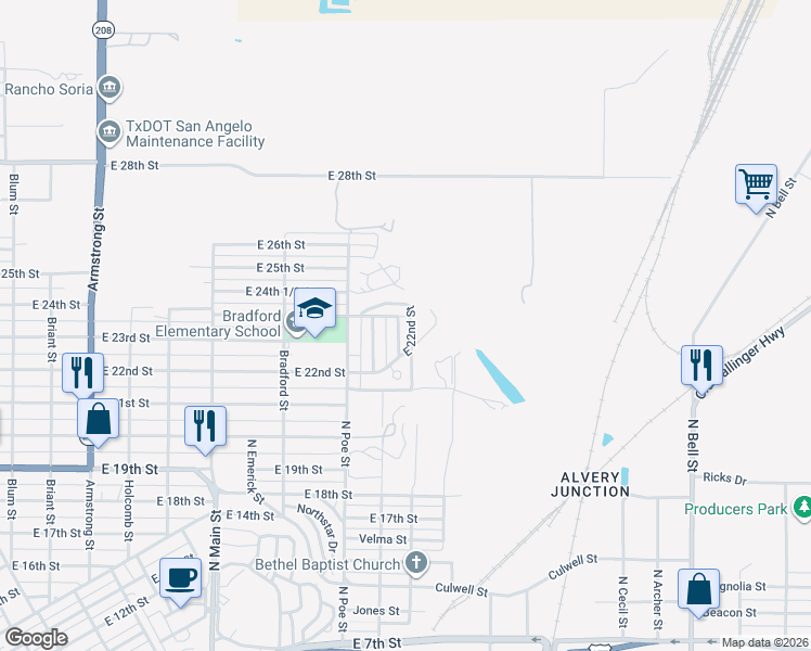 map of restaurants, bars, coffee shops, grocery stores, and more near 2201-2399 Carley Street in San Angelo