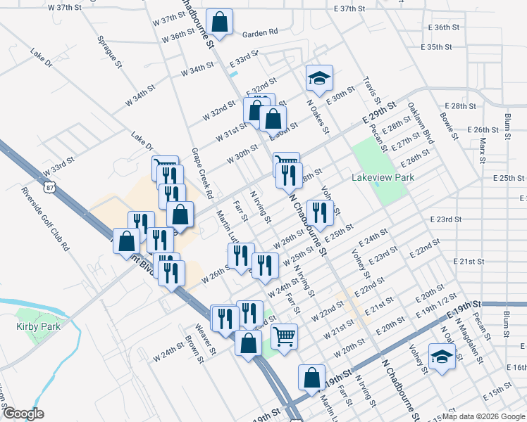 map of restaurants, bars, coffee shops, grocery stores, and more near 2799 North Irving Street in San Angelo
