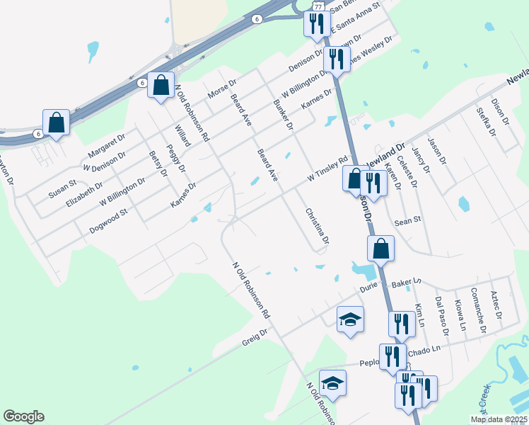 map of restaurants, bars, coffee shops, grocery stores, and more near 312 West Tinsley Road in Robinson
