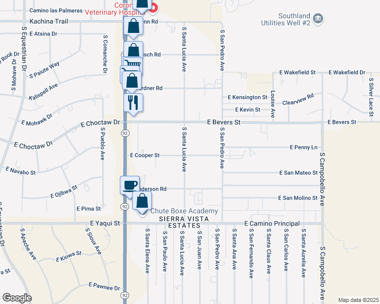 map of restaurants, bars, coffee shops, grocery stores, and more near 4511 East Cooper Street in Sierra Vista