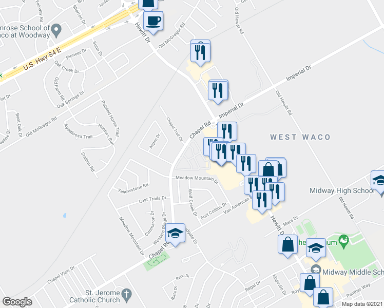 map of restaurants, bars, coffee shops, grocery stores, and more near 125 Topeka Drive in Waco