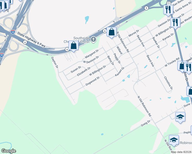 map of restaurants, bars, coffee shops, grocery stores, and more near 808 Dogwood Street in Robinson