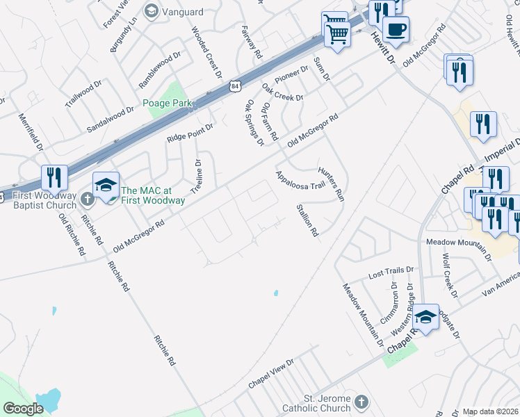 map of restaurants, bars, coffee shops, grocery stores, and more near 233 Painted Horse Trail in Woodway