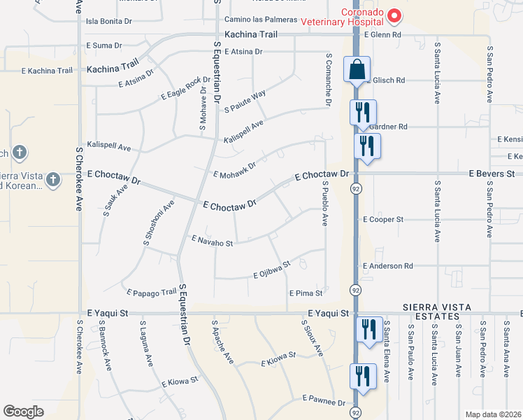 map of restaurants, bars, coffee shops, grocery stores, and more near 3417 East Navaho Street in Sierra Vista