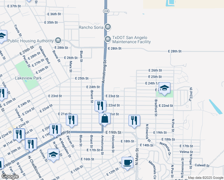 map of restaurants, bars, coffee shops, grocery stores, and more near 2300-2498 Holcomb Street in San Angelo