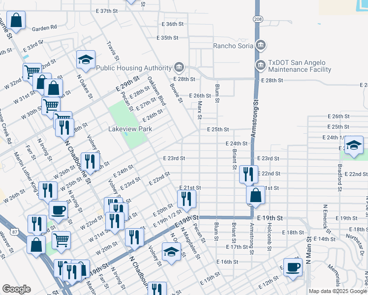 map of restaurants, bars, coffee shops, grocery stores, and more near 401 East 24th Street in San Angelo