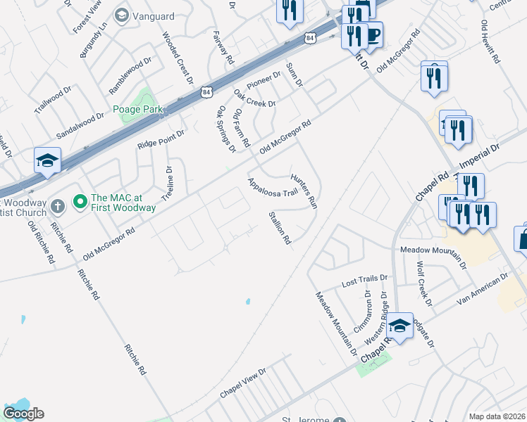 map of restaurants, bars, coffee shops, grocery stores, and more near 233 Painted Horse Trail in Woodway