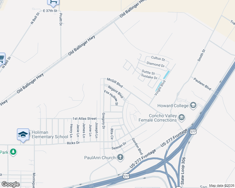 map of restaurants, bars, coffee shops, grocery stores, and more near 2609 Regent Boulevard in San Angelo