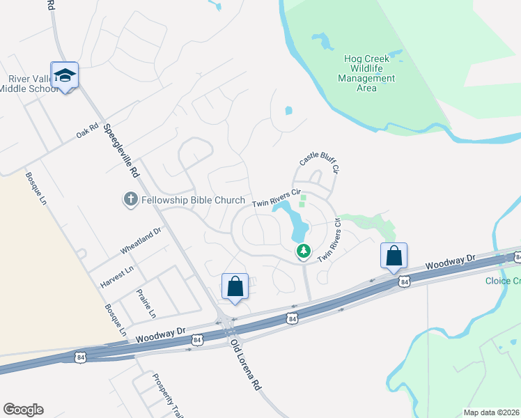 map of restaurants, bars, coffee shops, grocery stores, and more near 1005 Burberry Lane in Waco