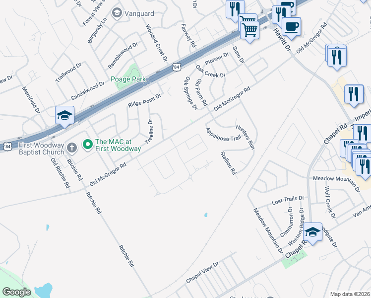 map of restaurants, bars, coffee shops, grocery stores, and more near 9736-9898 Old McGregor Road in Woodway