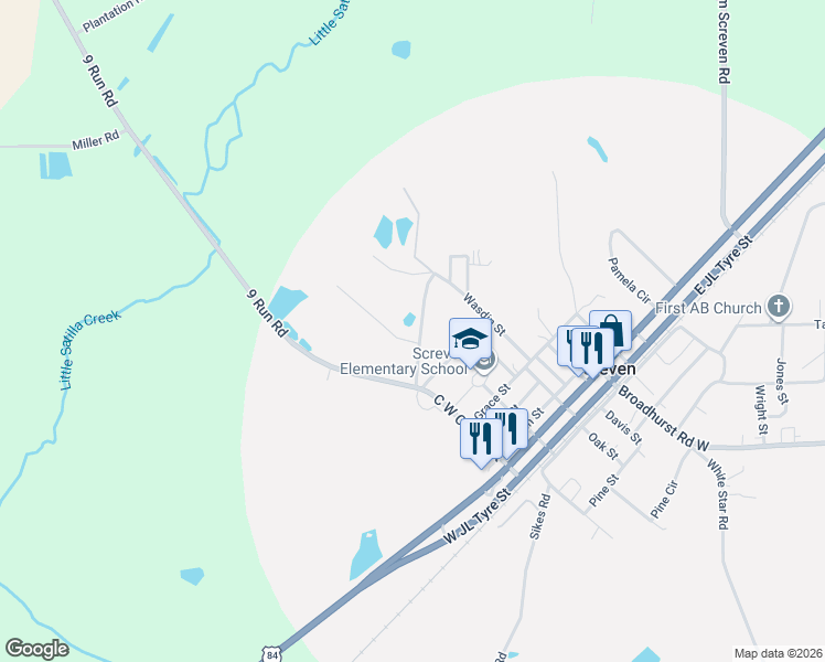 map of restaurants, bars, coffee shops, grocery stores, and more near 201 Whitaker Drive in Screven