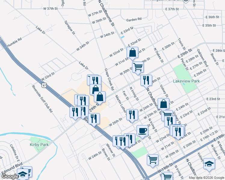 map of restaurants, bars, coffee shops, grocery stores, and more near 2900 Lake Drive in San Angelo