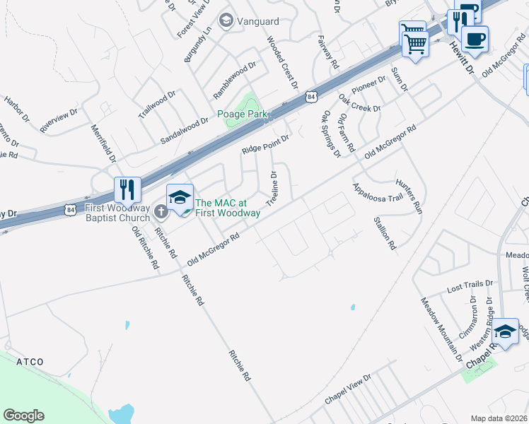 map of restaurants, bars, coffee shops, grocery stores, and more near 10016 Treeline Drive in Waco