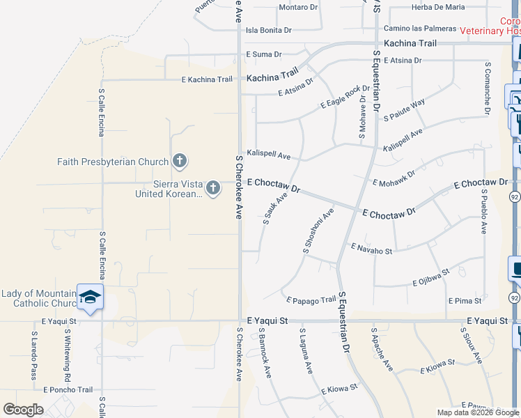 map of restaurants, bars, coffee shops, grocery stores, and more near 2505 East Sauk Court in Sierra Vista
