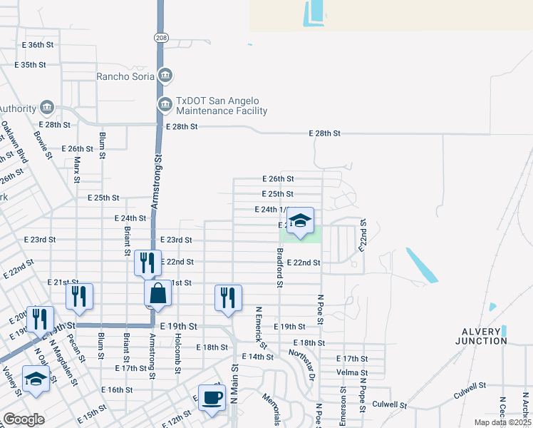 map of restaurants, bars, coffee shops, grocery stores, and more near 1101-1199 E 24th 1/2 St in San Angelo